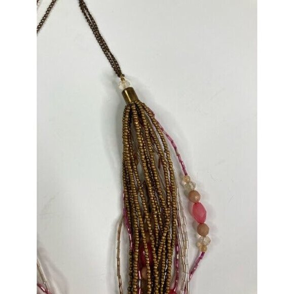 Beaded Necklace Multi Strand Twisted Seed Bead Pink Clear Gold Tone Statement - Picture 7 of 10